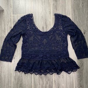 VINTAGE Navy blue lace/crochet sheer top blouse